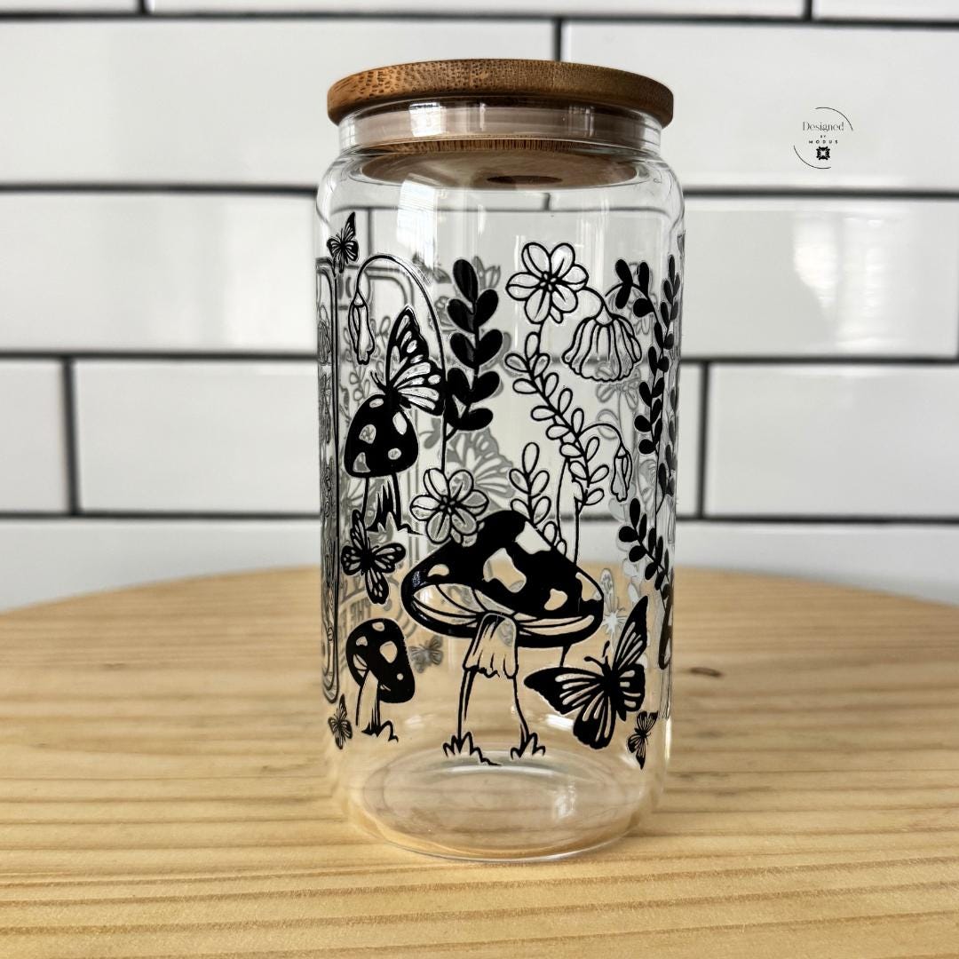 Nurse Appreciation Gift Teachers Recognition Present Mothers Day Tumbler Glass Reusable Container Bamboo Lid Straw Included Complete Accessories Set Wristlet Keychain Tarot Card Frog Mystical Moon Phase Design Mushroom Butterfly Botanical