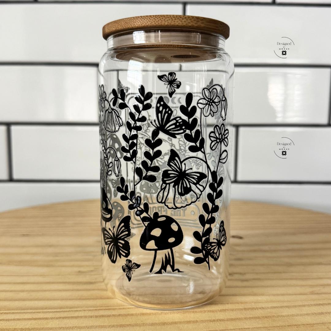 Glass Tumbler Reusable Bamboo Lid Sustainable Drinkware Eco Friendly Container Straw Included Wristlet Keychain Accessories Complete Gift Set Tarot Card Frog Mystical Design Moon Phase Artwork Mushroom Butterfly Botanical Black Illustration