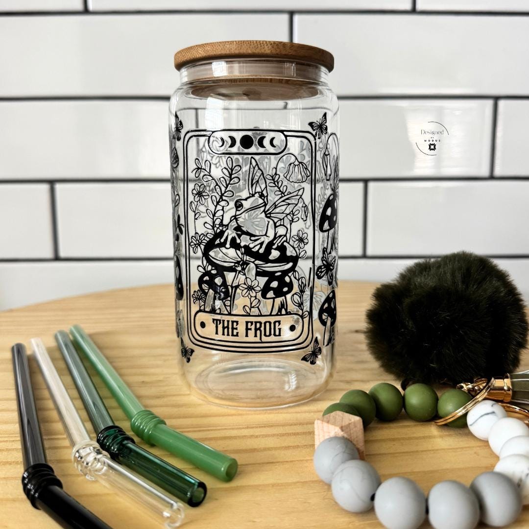 Reusable Glass Drinkware Bamboo Lid Tumbler Eco Friendly Sustainable Container Gift Ready Complete Set Straw Included Wristlet Keychain Accessories Mystical Tarot Card Frog Design Moon Phase Artwork Mushroom Butterfly Botanical Elements