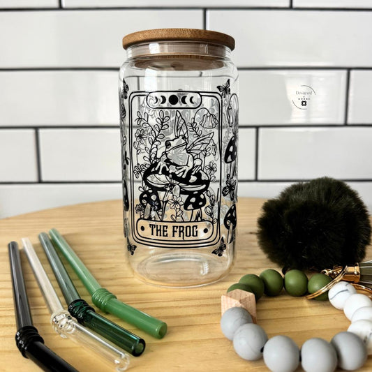 Reusable Glass Drinkware Bamboo Lid Tumbler Eco Friendly Sustainable Container Gift Ready Complete Set Straw Included Wristlet Keychain Accessories Mystical Tarot Card Frog Design Moon Phase Artwork Mushroom Butterfly Botanical Elements