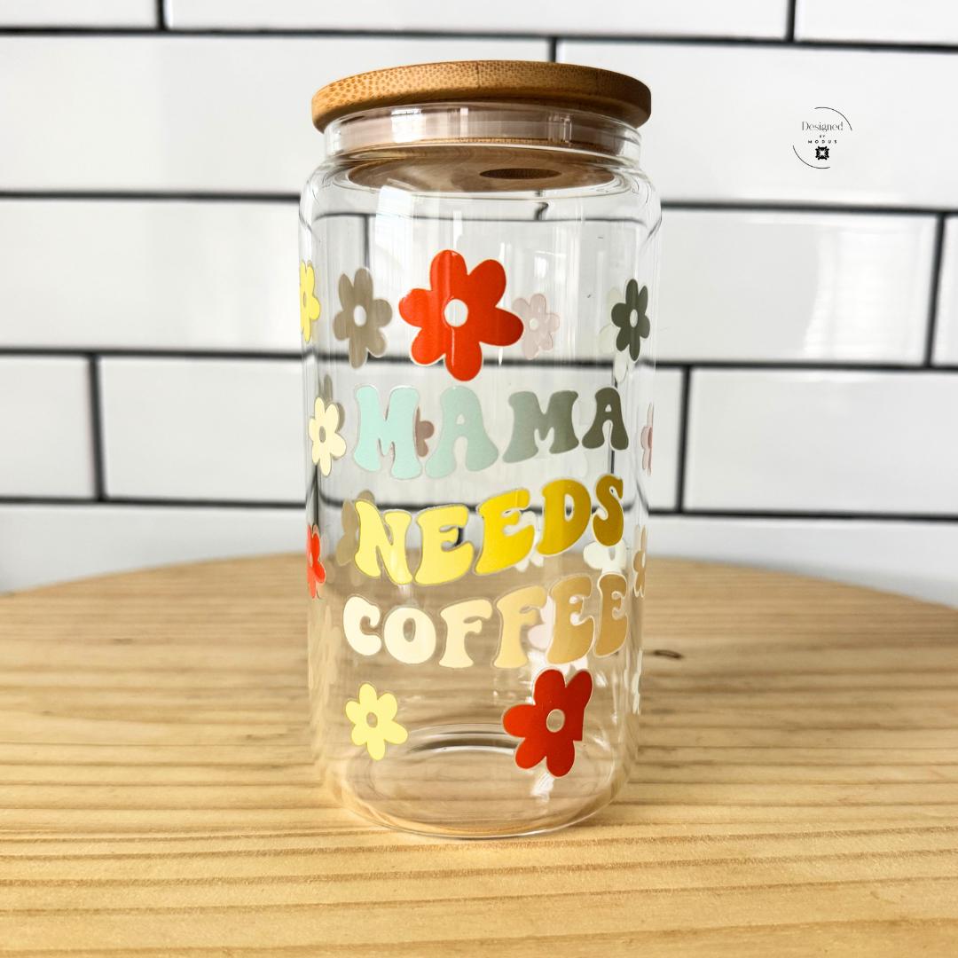 Glass Tumbler Set Bamboo Lid Reusable Drinkware Mama Needs Coffee Design 16 Oz Capacity Four Glass Straws Included Retro Flower Pattern Orange Yellow Sage Green Mothers Day Gift Mom Birthday Present Beaded Wristlet Keychain Eco Friendly