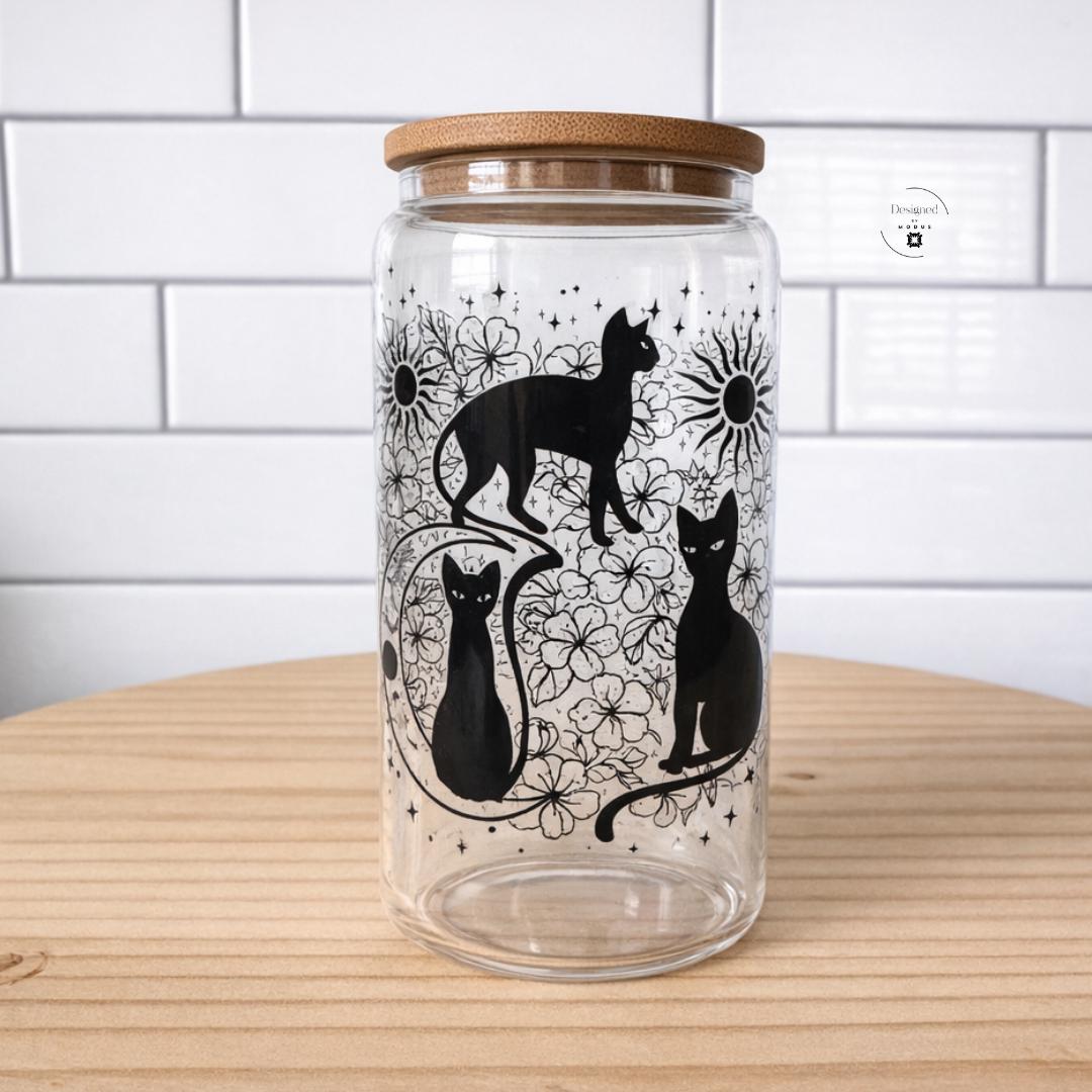 Black Cat Tumbler Tarot Card Design Celestial Elements Moon Sun Imagery Witch Aesthetic Glass Container Bamboo Lid Closure Eco Friendly Drinkware Set Reusable Glass Straws Included Silicone Wristlet Attachment Matching Poof Keychain Perfect