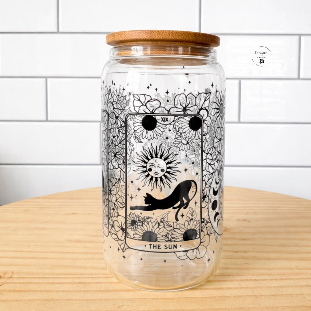 Glass Bamboo Tumbler Cat Design Tarot Card Elements Black Celestial Imagery Moon Sun Motif Witch Aesthetic Drinkware Set Eco Friendly Materials Four Glass Straws Included Silicone Wristlet Attachment Matching Keychain Accessory Reusable