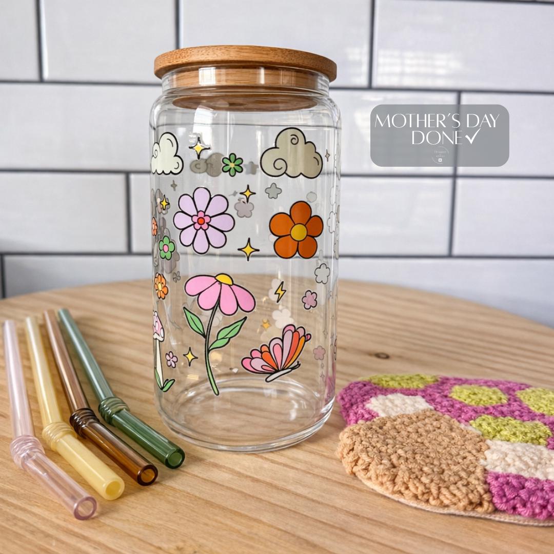 Mushroom Glass Tumbler Teacher Gift Nurse Appreciation Mothers Day Bamboo Lid Reusable Straw Kitchen Cup Nature Inspired Eco Friendly