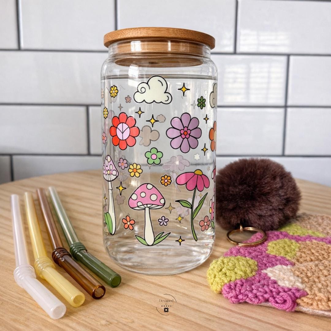 Eco Friendly Drinking Set Glass Tumbler Collection Cottagecore Aesthetic Design Mushroom Butterfly Nature Motifs Sustainable Kitchen Accessories Reusable Glass Straws Included Whimsical Table Decor Perfect Gift Idea Handcrafted Drinkware