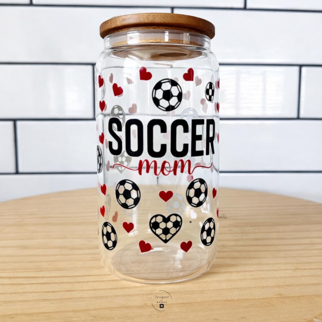 Handmade Bamboo Lid Tumbler Glass Straw Cup Soccer Mom Design Sixteen Ounce Drinking Container Reusable Sports Parent Gift Four Glass Straws Included Silicone Beaded Wristlet Heart Poof Keychain Athletic Mother Present Eco Friendly Daily