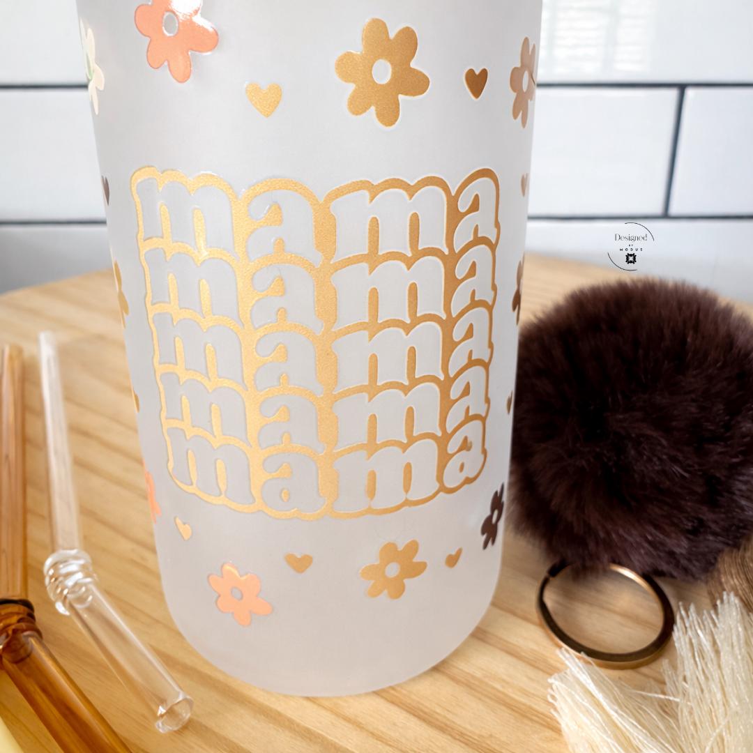 Mother Day Gift Glass Mama Cup Gold Text Design Floral Pattern Heart Motif Elegant Drinking Tumbler Birthday Present Special Mom Gift Frosted Glass Container Bamboo Lid Feature Silicone Seal Design Straw Hole Access Complete Set Glass