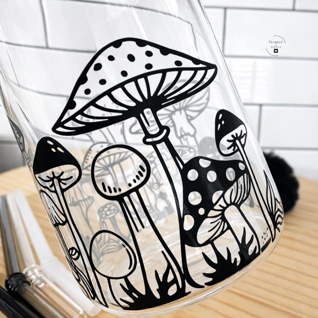 Eco Friendly Reusable Container Glass Tumbler Set Bamboo Lid Cup Collection Sustainable Drinking Accessories Black Mushroom Design Aesthetic Drinkware 16oz Glass Straw Bundle Silicone Keychain Wristlet Included Complete Gift Package Hand