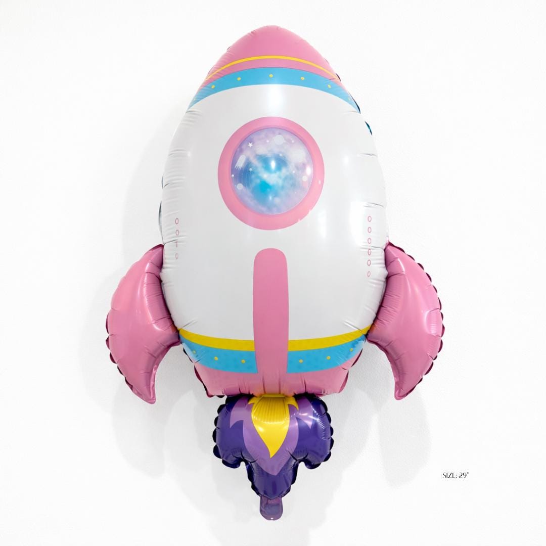 Space Theme Birthday Celebration Rocket Ship Balloon NASA Astronaut Party Supply STEM Education Science Event Galaxy Spacecraft Design 29 Inch Mylar Foil Pink Fins Purple Flames Blue Yellow Stripes Kids Birthday Gift Outer Space Explorer