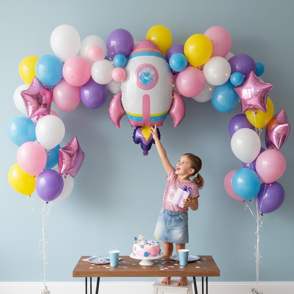 Mylar Foil Balloon Rocket Ship Space Theme Birthday Celebration Kids Birthday Gift NASA Astronaut Party Supply 29 Inch Galaxy Spacecraft Design Pink Fins Purple Flames Blue Yellow Stripes STEM Education Science Event Outer Space Explorer