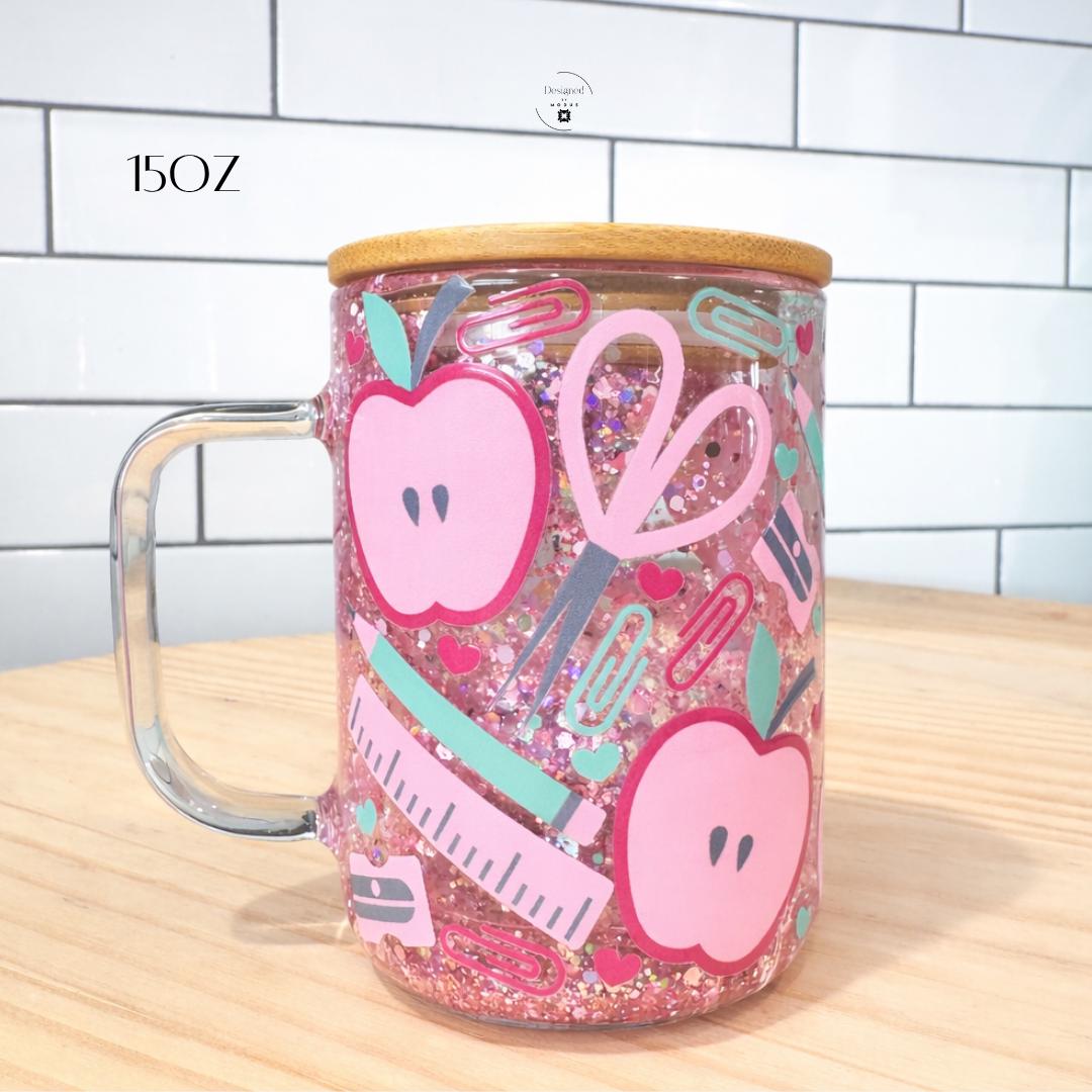 Classroom Desk Accessory Set Teacher Appreciation Bundle Collection Pink Glitter Tumbler Snow Globe Cup Seven Piece Gift Package Apple Container Jar Beaded Wristlet Pom Pom Keychain Tote Bag Notebook Pen School Supply Theme Educator Thank