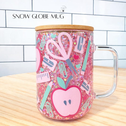 Pink Glitter Snow Globe Tumbler Cup Teacher Gift Bundle Set Classroom Desk Accessory Collection Seven Piece Package Apple Container Acrylic Jar Beaded Wristlet Keychain Tote Bag Notebook Pen Educator Appreciation Present School Supply