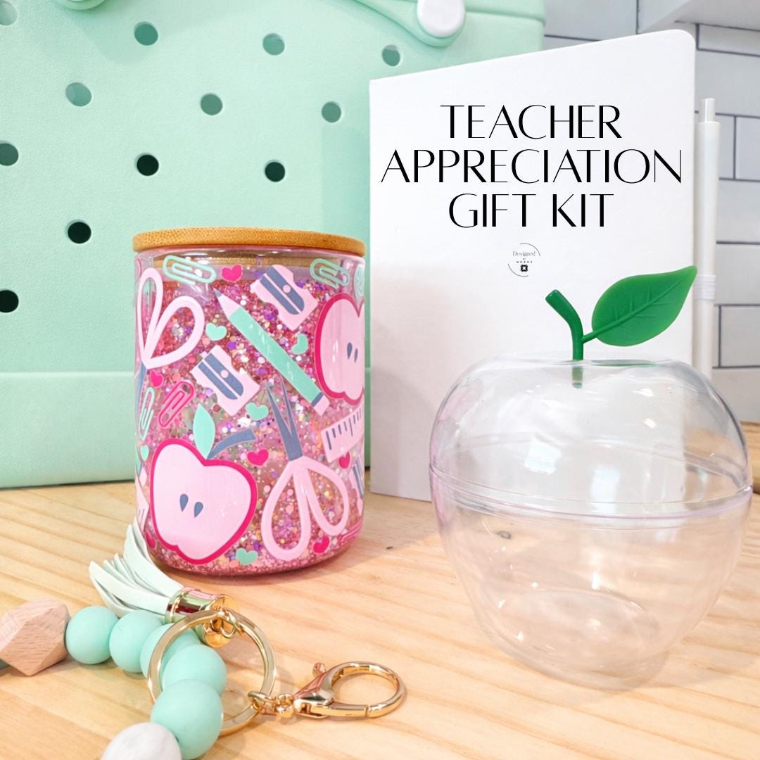 Teacher Appreciation Gift Bundle Set Seven Piece Collection Includes Pink Glitter Snow Globe Tumbler Cup Apple Container Acrylic Jar Beaded Wristlet Pom Pom Keychain Tote Bag Notebook Pen Set Classroom Desk Accessory Package Educator Thank