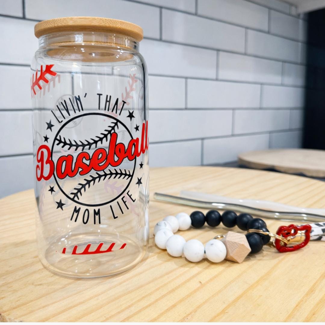 Sports Theme Travel Mug Baseball Mom Tumbler Glass Cup Bamboo Lid Wristlet Design Portable Beverage Container Reusable Drinking Accessory Sixteen Ounce Capacity Red Black Baseball Elements Team Mom Essential Game Day Companion Sidelines