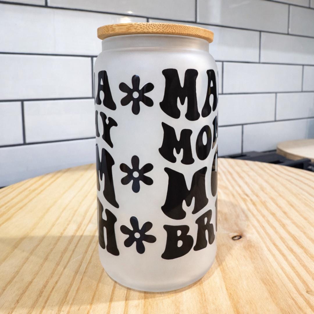 Mom Tumbler Glass Straw Wavy Cup Design Kitty Clip Beaded Wristlet Drinkware Gift Mothers Day Drinking Vessel Frosted Mama Mommy Humor Bruh