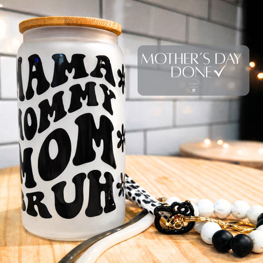 Mom Tumbler Glass Straw Wavy Cup Design Kitty Clip Beaded Wristlet Drinkware Gift Mothers Day Drinking Vessel Frosted Mama Mommy Humor Bruh
