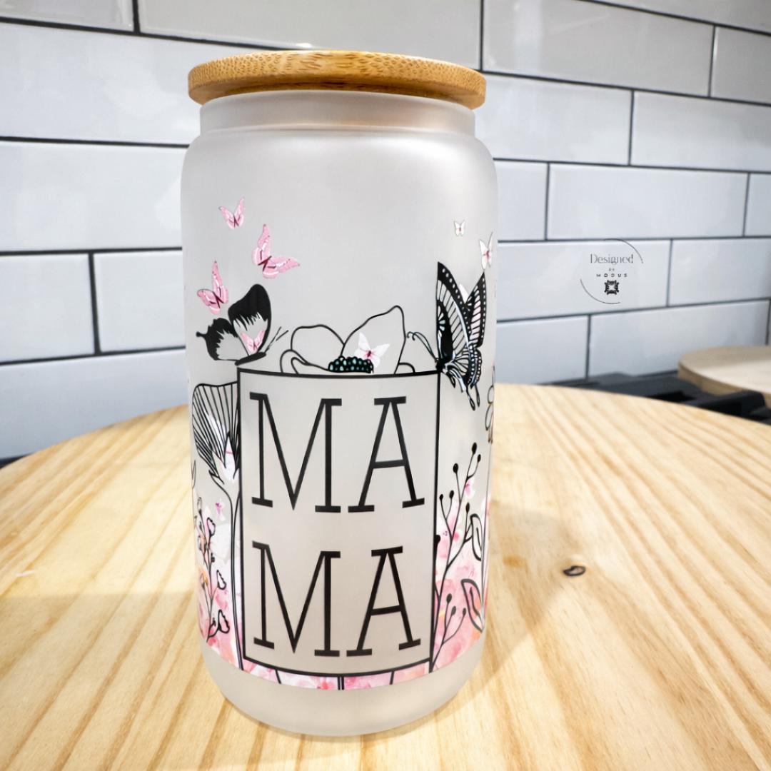 Floral mama iced coffee glass tumbler 16oz frosted can cup with bamboo lid reusable drinkware cute mom gift idea