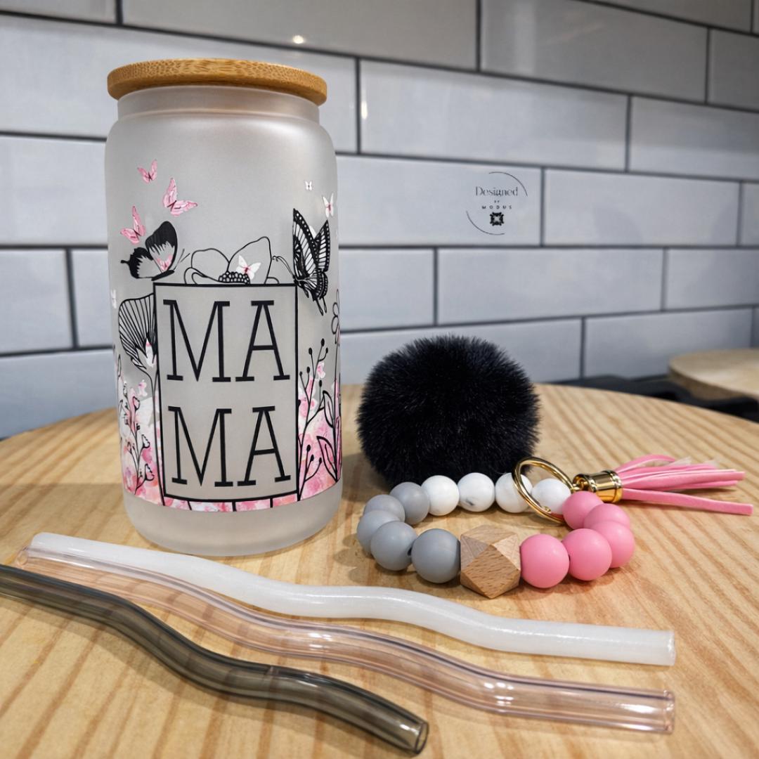 Cute mama glass can cup with pink flowers butterflies frosted tumbler bamboo lid reusable iced coffee glass gift for her