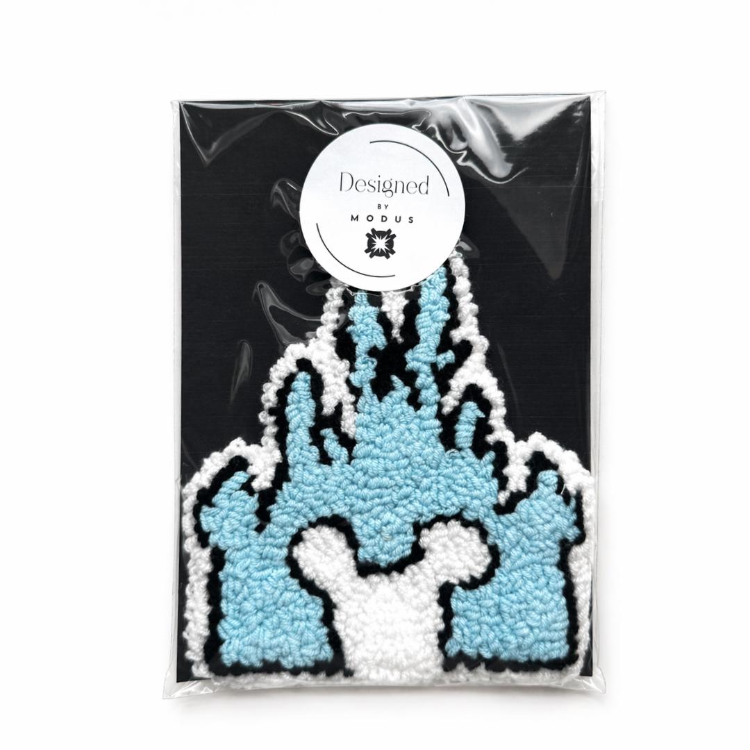 Kids Bedroom Nightstand Accent Handmade Castle Coaster Tufted Mug Rug Blue Cotton Yarn Design Coffee Cup Protection Table Surface Mat Desk Accessory Drink Coaster Looped Pile Texture Square Shape Fantasy Theme Gift Whimsical Handcrafted