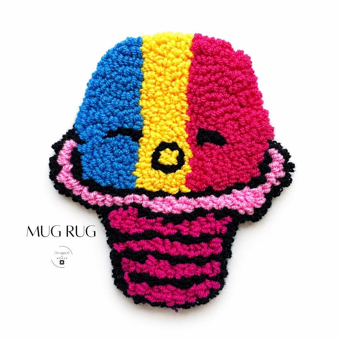 Cute Gift Kitchen Counter Beverage Holder Crochet Mug Rug Cotton Coaster Handmade Coffee Table Mat Desk Accessory Textured Looped Pile Surface Ice Cream Cone Design Blue Yellow Pink Colorful Panels Fun Home Styling Office Desk Drink
