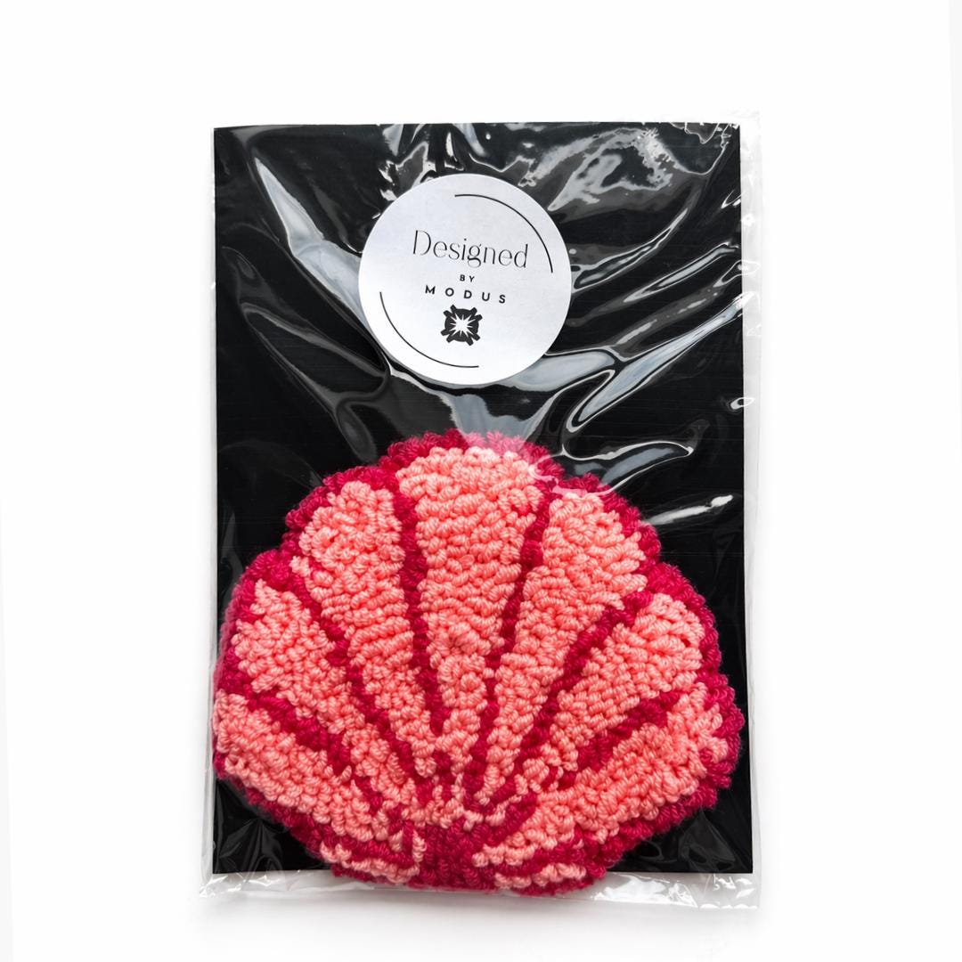 Coastal Kitchen Table Protector Crochet Mug Rug Beach Coaster Handmade Cotton Ocean Theme Textured Looped Pile Surface Scalloped Shell Design Peach Burgundy Red Cup Beverage Mat Mermaid Gift Sea Enthusiast Surf Fan Home Styling Artisan