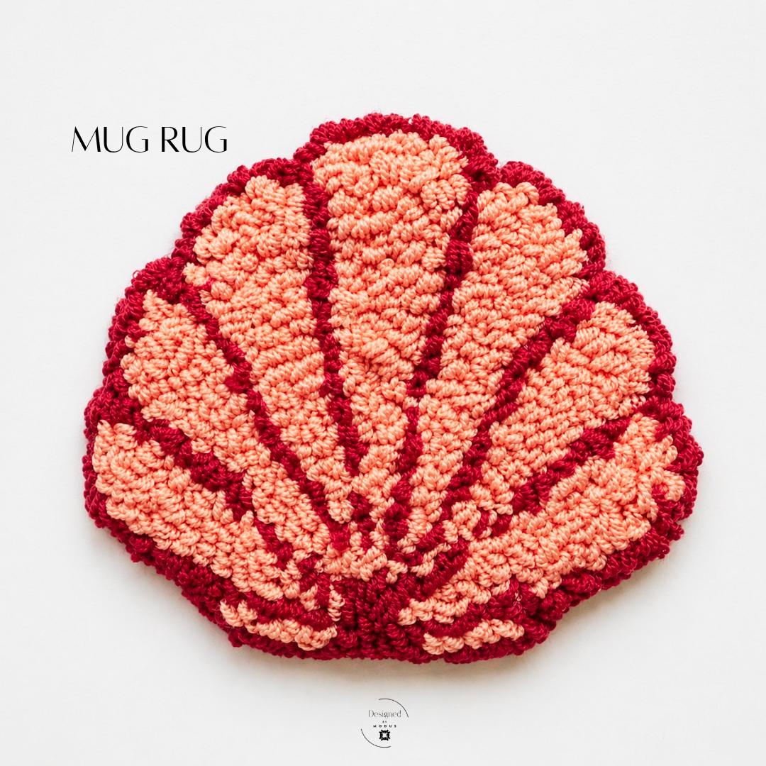 Crochet Mug Rug Beach Coaster Handmade Cotton Ocean Theme Scalloped Shell Design Textured Looped Pile Surface Peach Burgundy Red Kitchen Table Protector Cup Beverage Mat Mermaid Gift Sea Enthusiast Surf Fan Coastal Home Styling Artisan