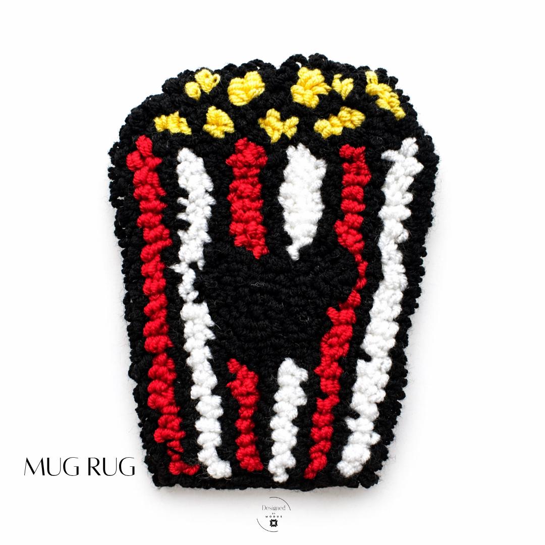 Handmade Crochet Mug Rug Popcorn Bucket Design Movie Theater Theme Gift Perfect Cinema Lover Present Red White Stripe Pattern Yellow Popcorn Details Coffee Table Accessory Kitchen Mat Desk Accent Home Theater Essential Disney Fan