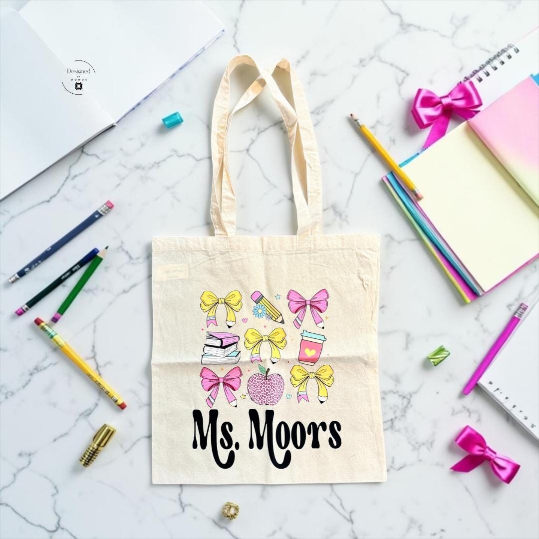 Educator Appreciation Gift Personalized Teacher Set Custom Name Canvas Tote Bag Organizer Zippered Pouch Bundle School Supplies Storage Collection Themed Design Elements Professional Classroom Accessories Matching Carryall System Thank You