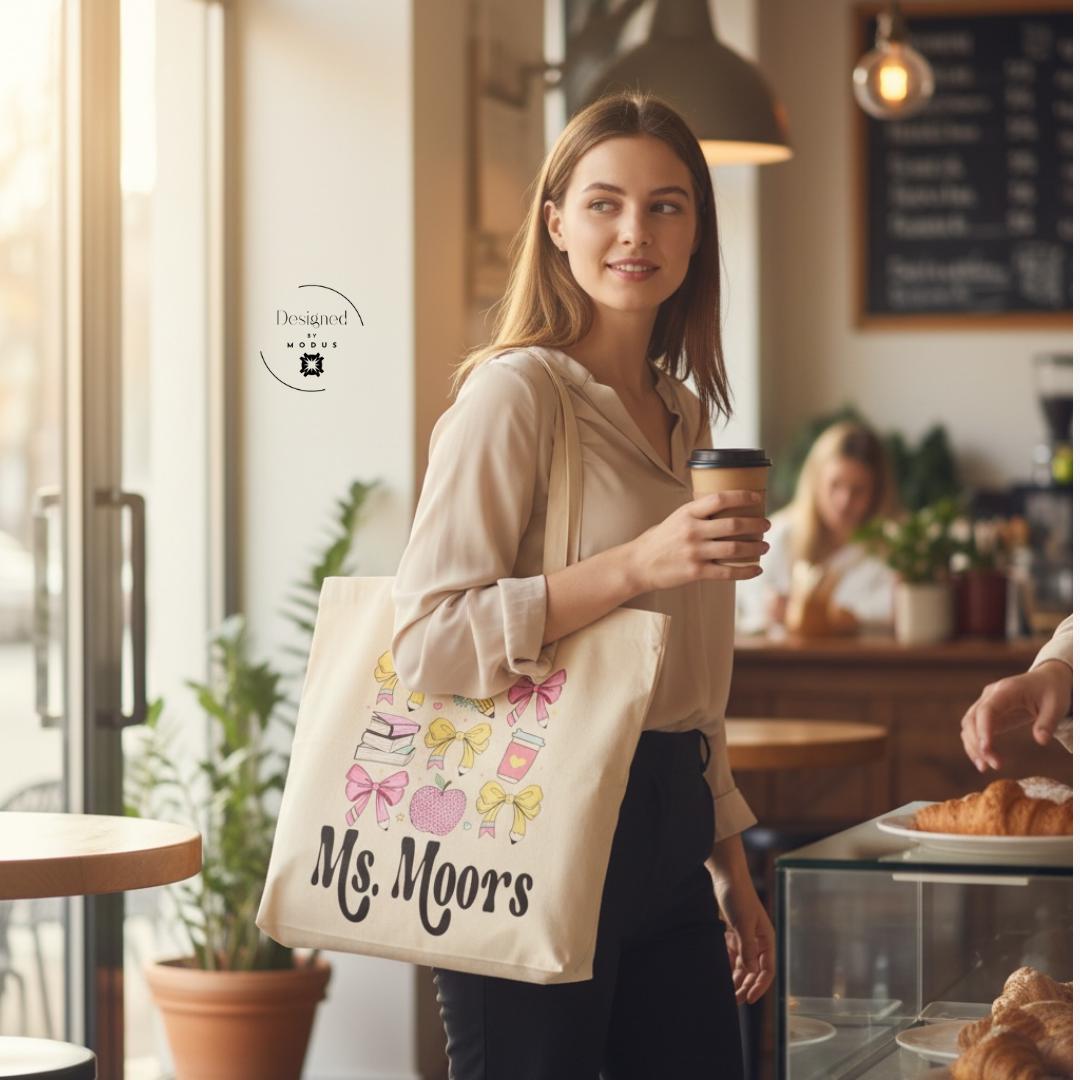 Custom Teacher Gift Set Personalized Name Educator Present Canvas Tote Organizer Zippered Pouch Bundle School Themed Design Books Pencils Apple Coffee Pattern Matching Accessories Collection Appreciation Week Present Professional Classroom