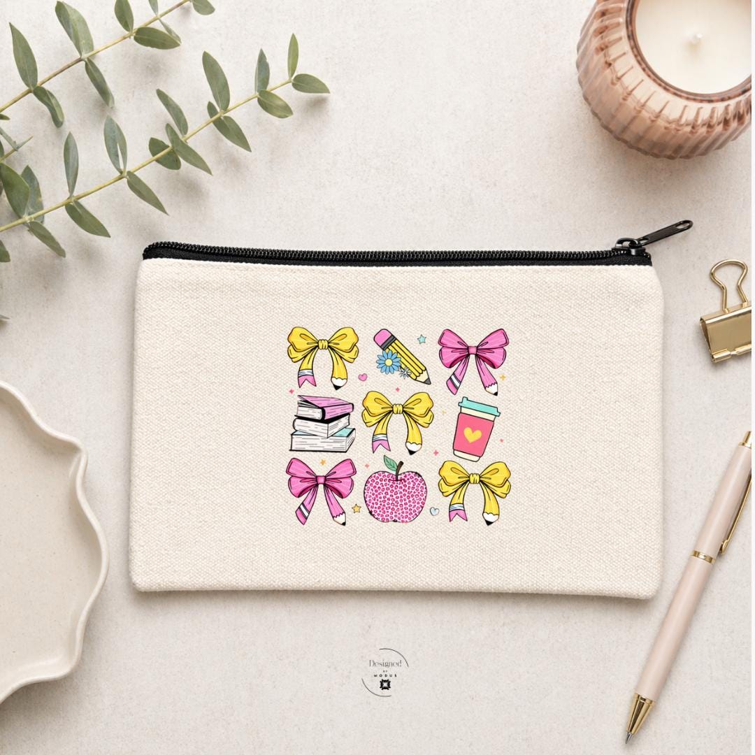 Teacher Appreciation Week Gift Personalized Educator Present Custom Name Canvas Tote Bag Set Zippered Pouch Organizer School Themed Design Collection Books Pencils Apple Coffee Elements Matching Accessories Bundle Professional Classroom