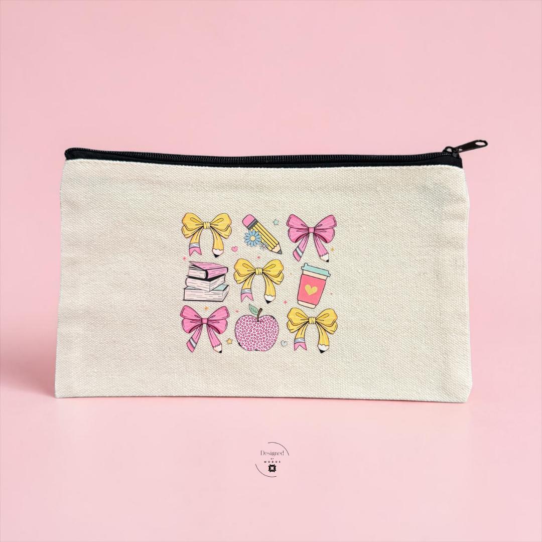 Canvas Tote Bag Teacher Appreciation Gift Zippered Pouch Organizer Set Personalized Name Educator Present Custom School Supplies Storage Solution Themed Design Elements Practical Classroom Accessories Professional Carryall Bundle Matching