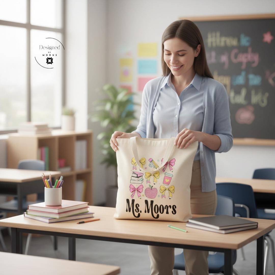 Teacher Appreciation Week Gift Personalized Educator Present Custom Name Canvas Tote Bag Set Zippered Pouch Organizer School Themed Design Collection Books Pencils Apple Coffee Elements Matching Accessories Bundle Professional Classroom