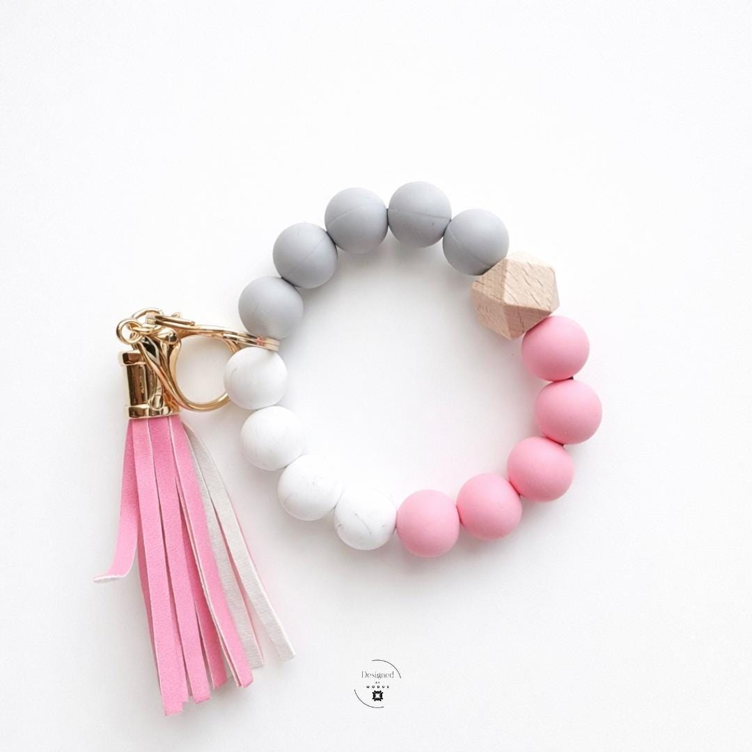 Wrist Key Holder Strap Beaded Keychain Bracelet Women Everyday Fashion Accessory Handsfree Shopping Essential Convenient Carrying Solution Silicone Marble Wooden Bead Construction Faux Leather Tassel Charm Detail Gold Keyring Clasp