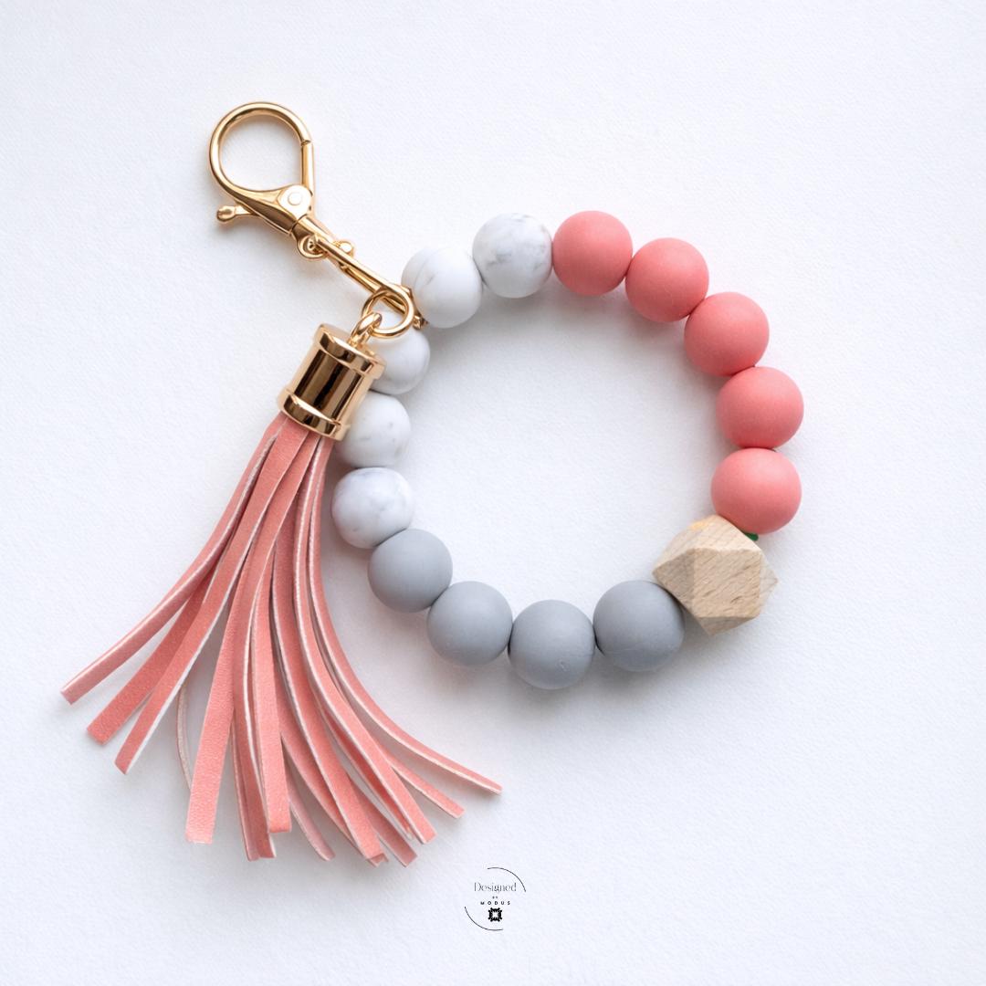 Everyday Carry Essential Beaded Wristlet Keychain Bracelet Key Holder Wrist Strap Women Handsfree Shopping Accessory Functional Fashion Jewelry Silicone Wooden Marble Bead Design Faux Leather Tassel Charm Gold Keyring Clasp Stretch Fit