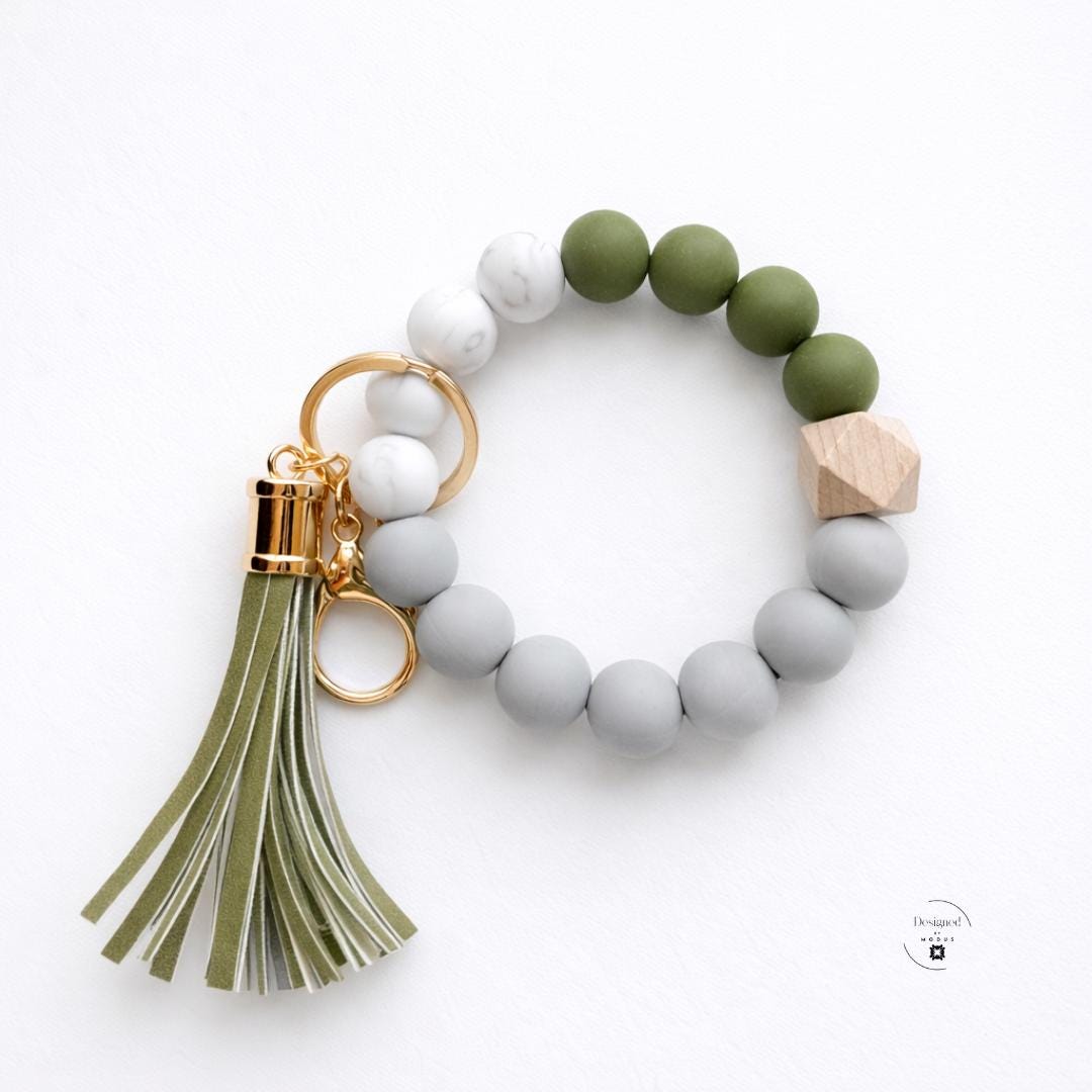 Handsfree Shopping Accessory Beaded Wristlet Keychain Women Everyday Carry Essential Key Holder Wrist Strap Bracelet Convenient Storage Solution Silicone Wooden Marble Bead Design Faux Leather Tassel Charm Gold Keyring Clasp Stretch Fit