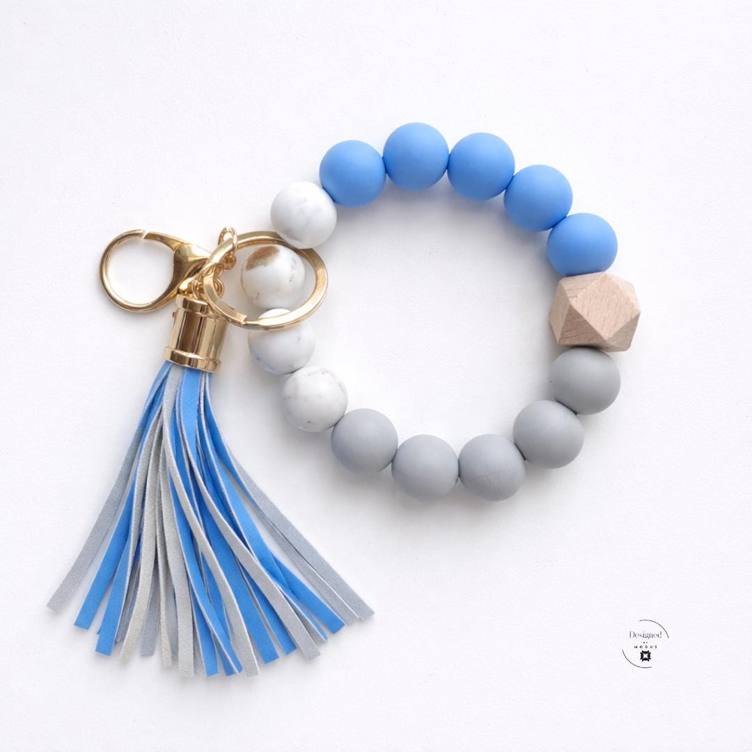 Beaded Wristlet Keychain Bracelet Key Holder Wrist Strap Perfect Teacher Appreciation Gifts Women Mom Gift Practical Accessory Handsfree Shopping Essential Silicone Marble Wooden Bead Design Faux Leather Tassel Charm Gold Keyring Clasp