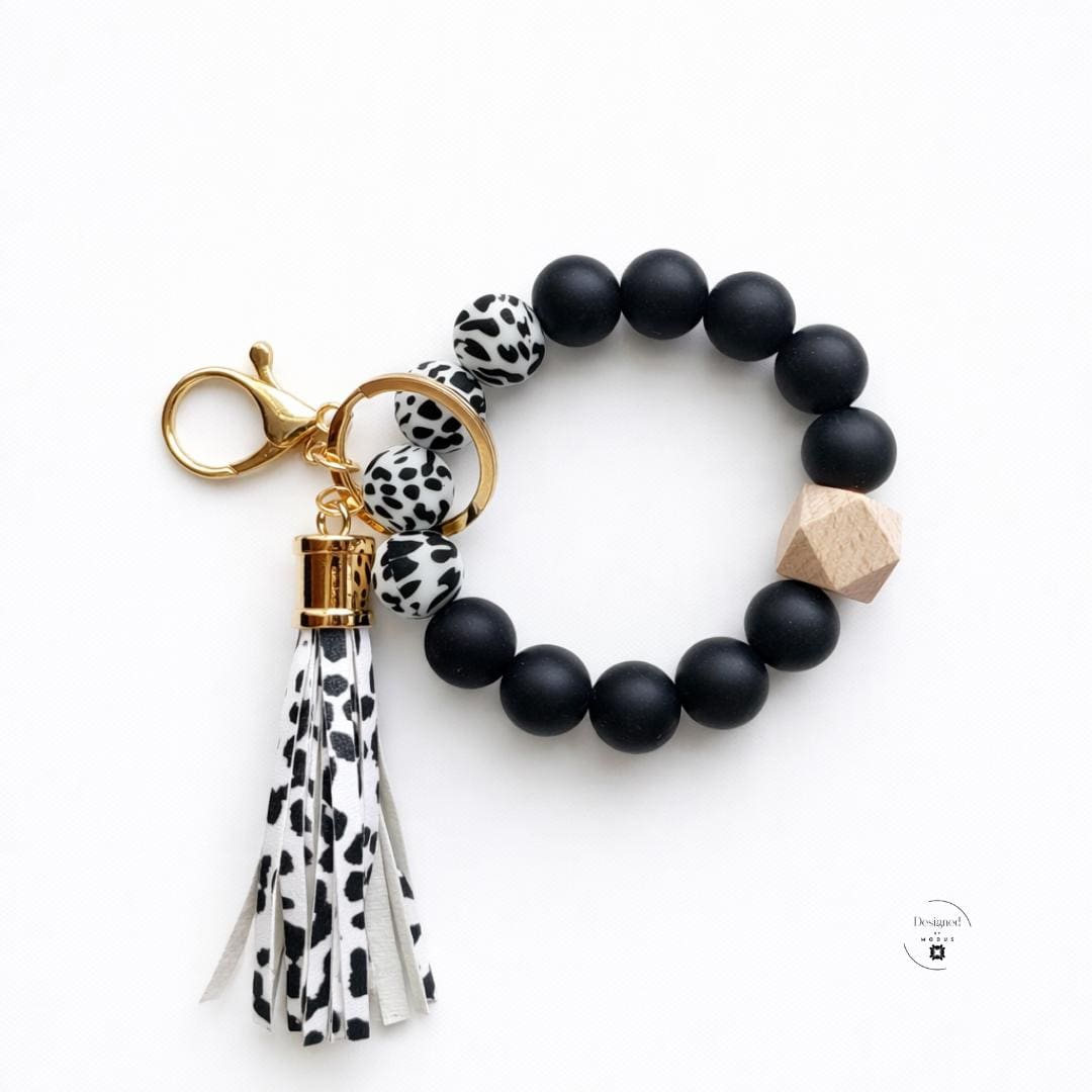 Everyday Carry Essential Beaded Wristlet Keychain Bracelet Key Holder Wrist Strap Women Handsfree Shopping Accessory Functional Fashion Jewelry Silicone Wooden Marble Bead Design Faux Leather Tassel Charm Gold Keyring Clasp Stretch Fit