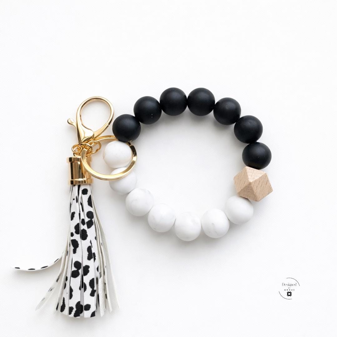 Handsfree Shopping Accessory Beaded Wristlet Keychain Women Everyday Carry Essential Key Holder Wrist Strap Bracelet Convenient Storage Solution Silicone Wooden Marble Bead Design Faux Leather Tassel Charm Gold Keyring Clasp Stretch Fit