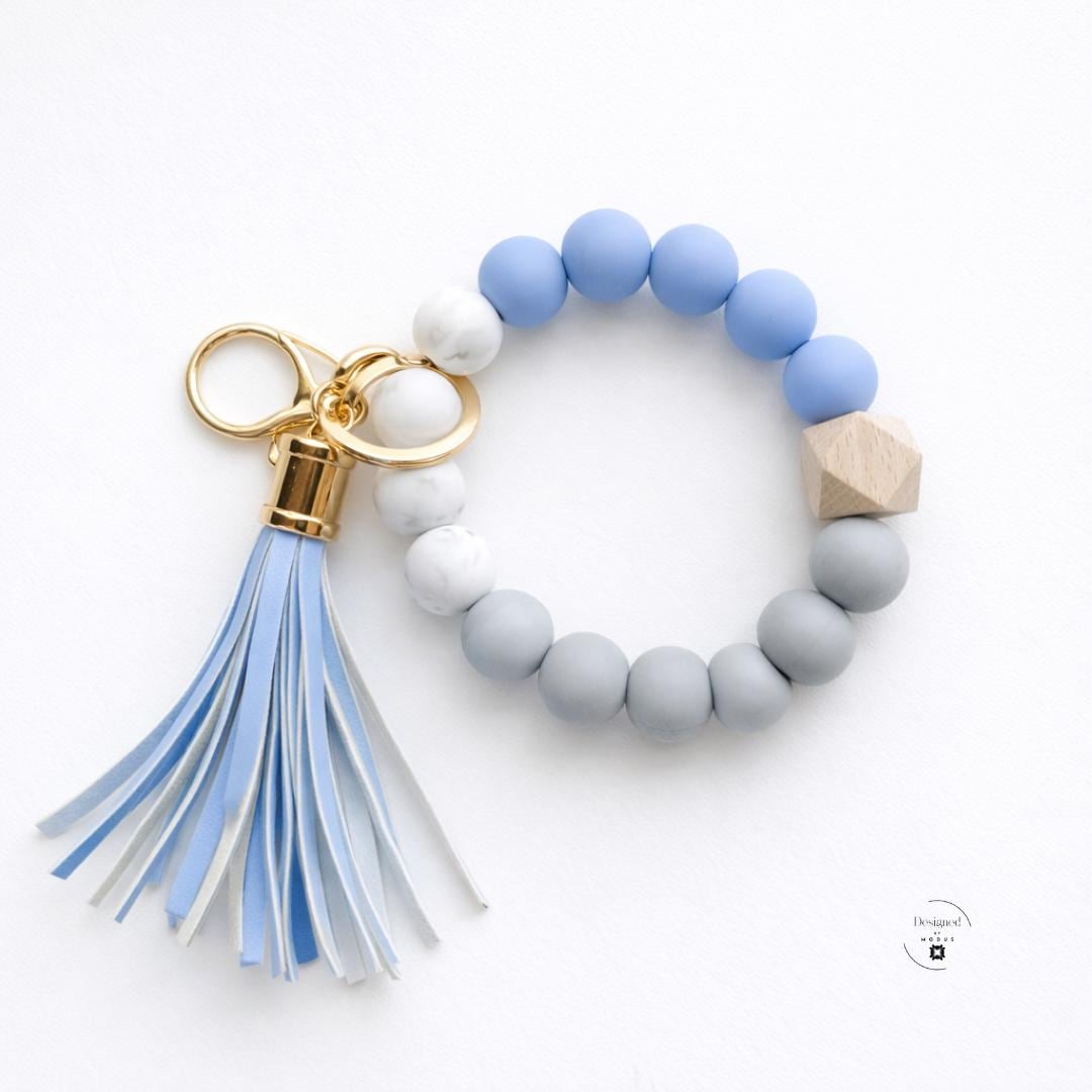 Silicone Marble Wooden Bead Wristlet Keychain Bracelet Women Everyday Accessory Handsfree Key Holder Wrist Strap Shopping Essential Faux Leather Tassel Charm Design Gold Keyring Clasp Attachment Stretch Fit Comfortable Wear Perfect Mom Gift