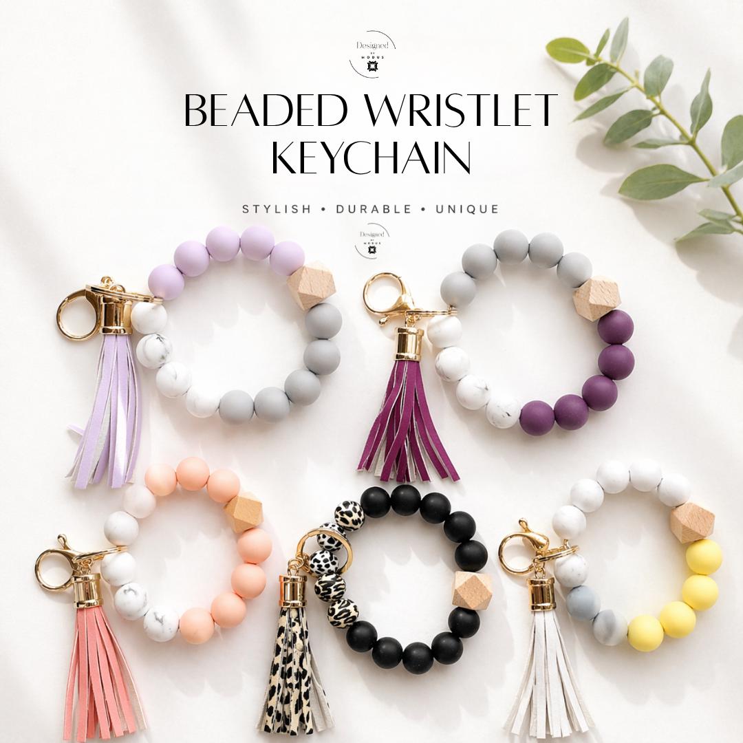 Beaded Wristlet Keychain Bracelet Key Holder Wrist Strap Perfect Teacher Appreciation Gifts Women Mom Gift Practical Accessory Handsfree Shopping Essential Silicone Marble Wooden Bead Design Faux Leather Tassel Charm Gold Keyring Clasp