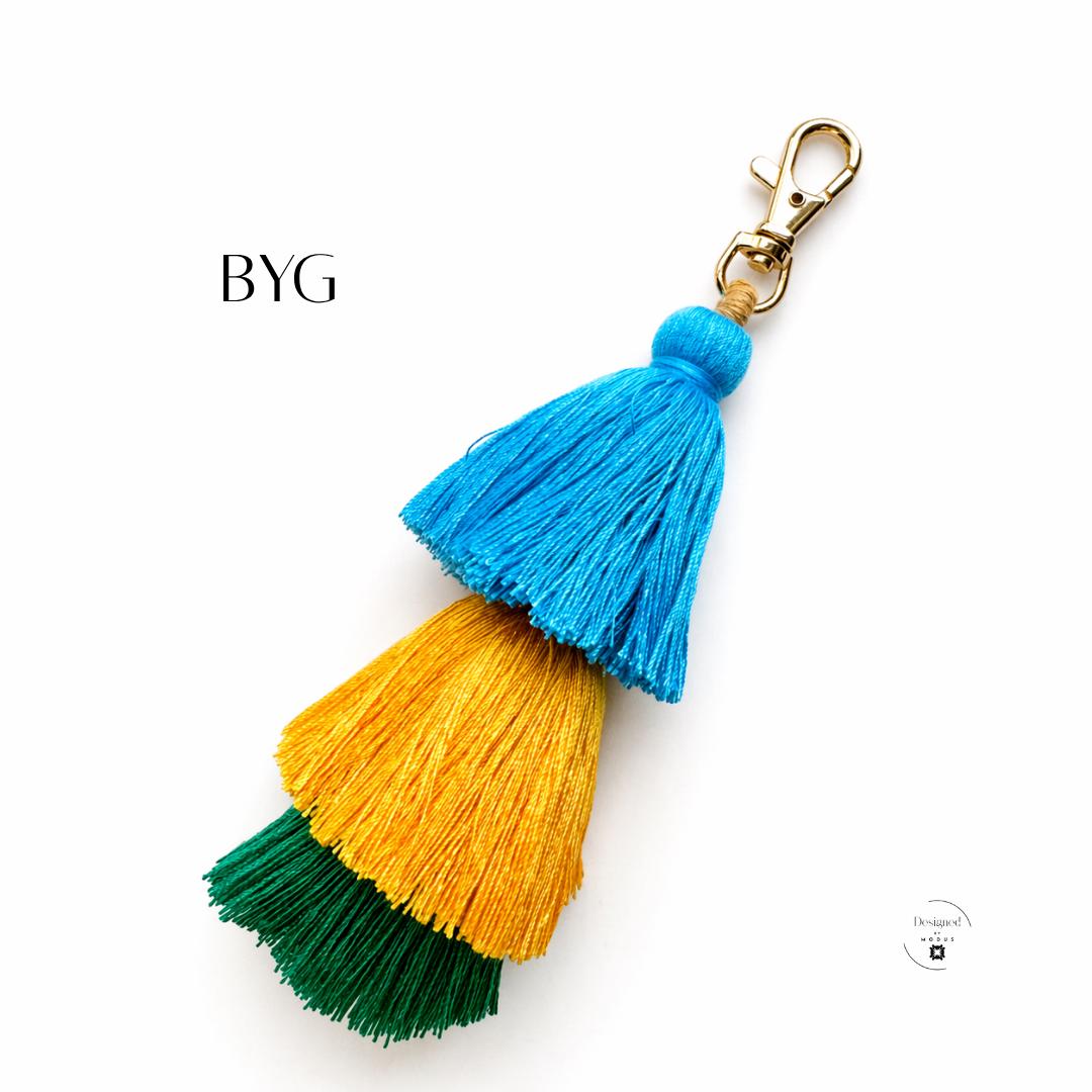 Women Gift Birthday Stocking Stuffer Cotton Tassel Keychain Bag Charm Purse Accessory Backpack Zipper Pull Teacher Appreciation Tote Accent Three Tier Design Gold Clasp Five Inch Length Colorful Collection Orange Yellow Neutral Teal Green