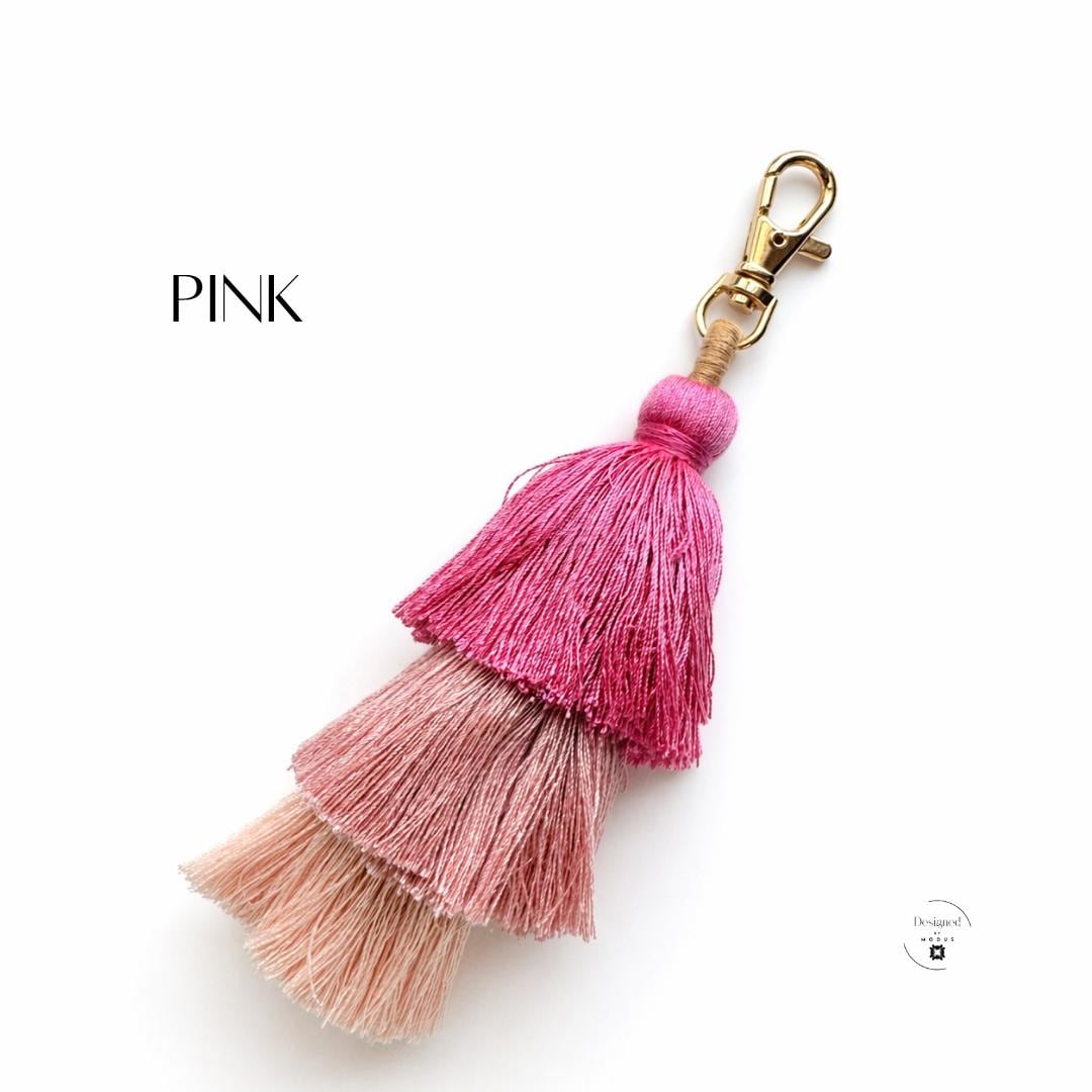 Colorful Cotton Tassel Keychain Bag Charm Collection Orange Yellow Neutral Teal Green Blue Pink Purple Options Three Tier Design Purse Accessory Backpack Zipper Pull Women Gift Birthday Stocking Stuffer Teacher Appreciation Gold Clasp Five
