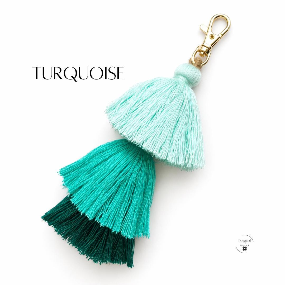 Bag Charm Purse Accessory Backpack Zipper Pull Cotton Tassel Keychain Three Tier Design Gold Lobster Clasp Five Inch Length Women Gift Essential Tote Accent Planner Charm Colorful Collection Orange Yellow Neutral Teal Green Blue Pink Purple