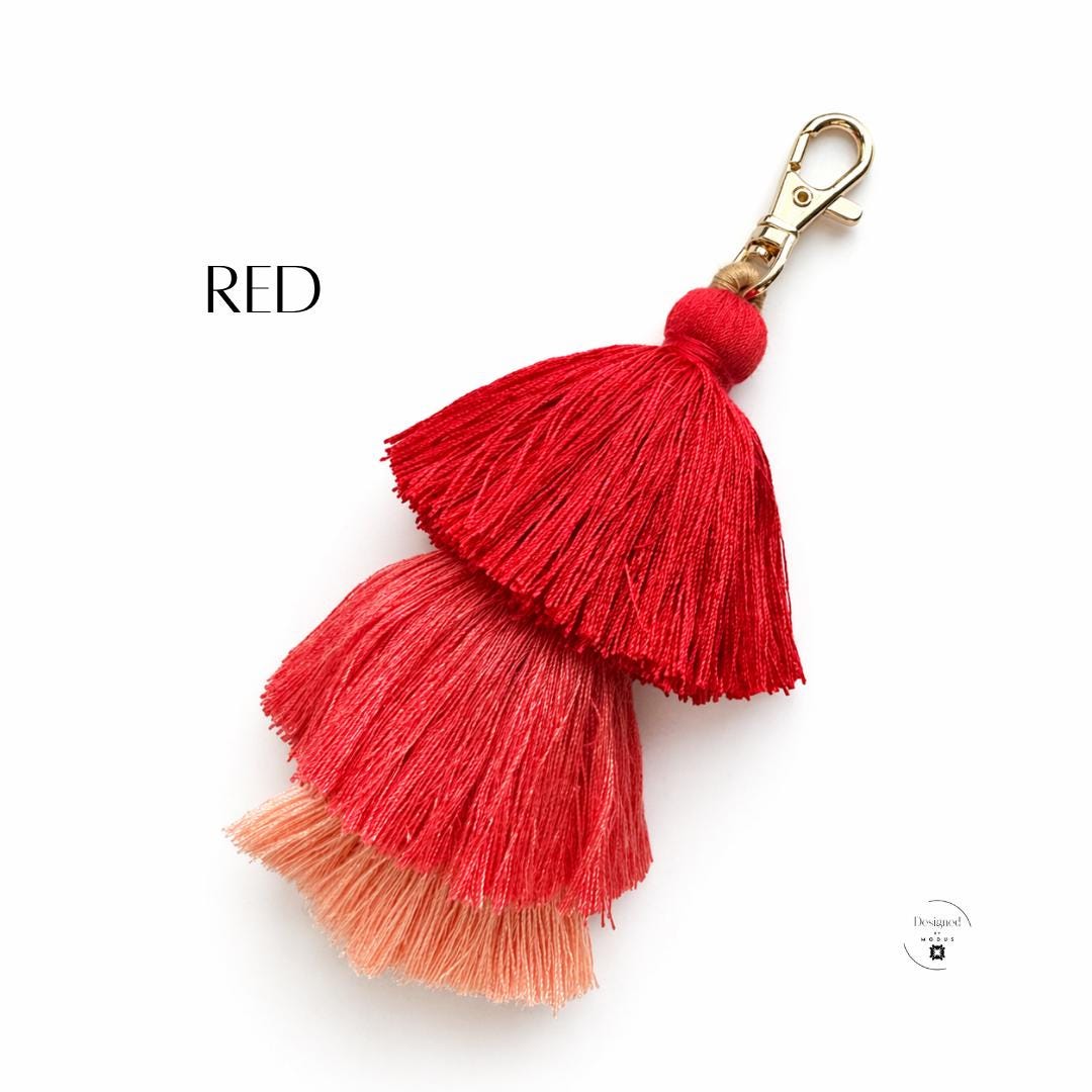 Bag Charm Purse Accessory Backpack Zipper Pull Cotton Tassel Keychain Three Tier Design Gold Lobster Clasp Five Inch Length Women Gift Essential Tote Accent Planner Charm Colorful Collection Orange Yellow Neutral Teal Green Blue Pink Purple