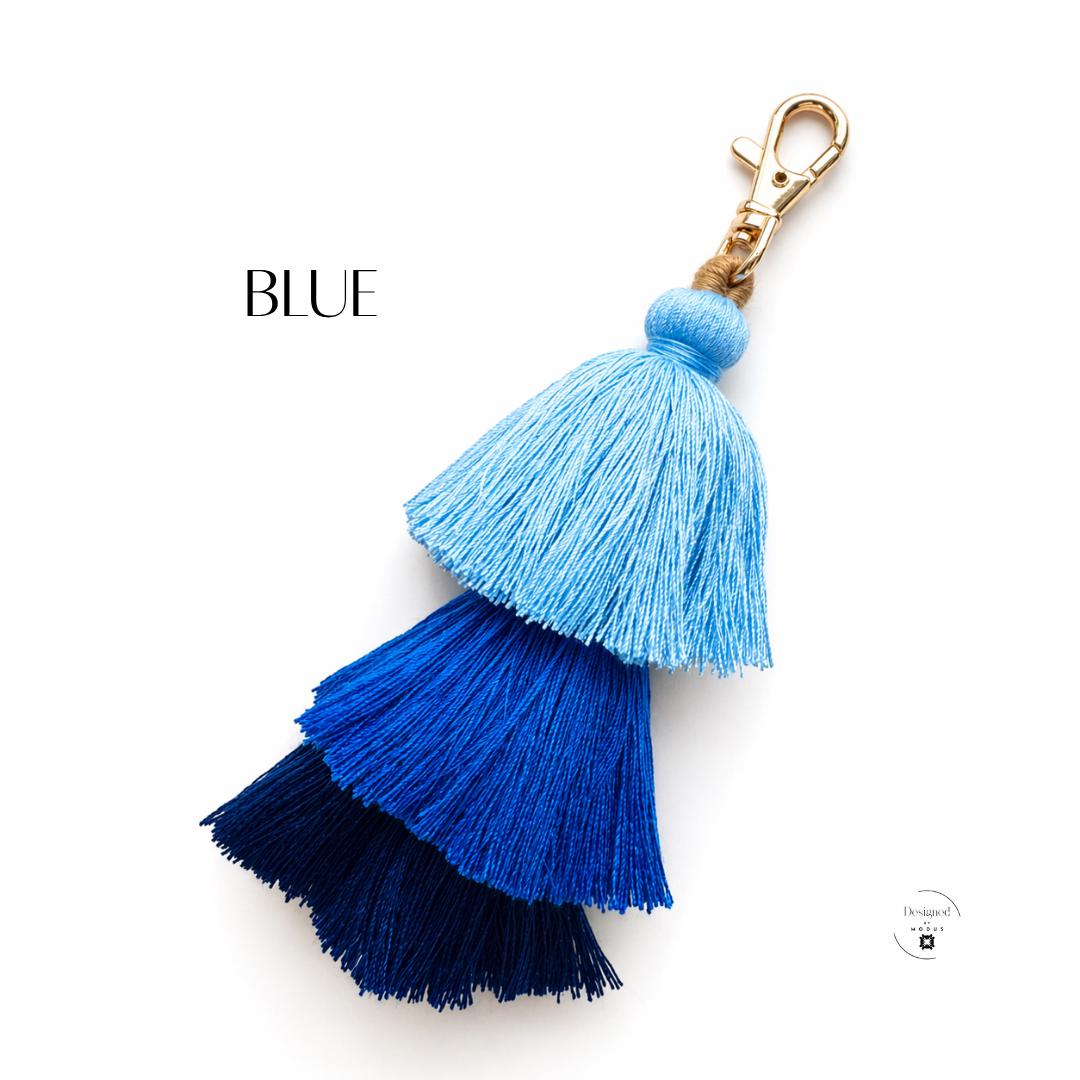 Women Gift Birthday Stocking Stuffer Cotton Tassel Keychain Bag Charm Purse Accessory Backpack Zipper Pull Teacher Appreciation Tote Accent Three Tier Design Gold Clasp Five Inch Length Colorful Collection Orange Yellow Neutral Teal Green