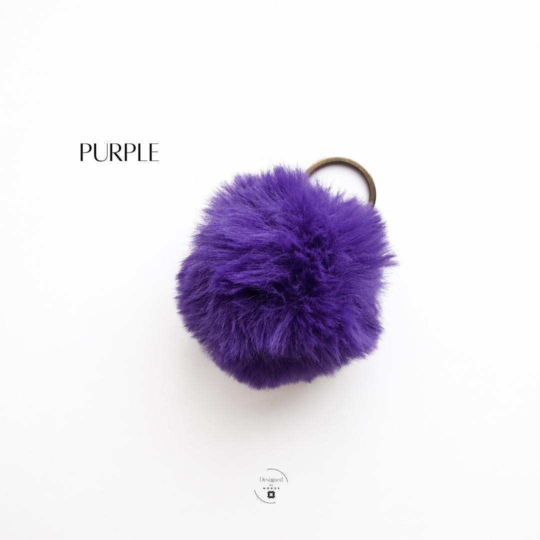 Kawaii Cute Gift Fluffy Fur Ball Pom Keychain Bag Charm Accessory Teen Girl Birthday Present Stocking Stuffer Party Favor Pink Purple Magenta Colors Three Inch Diameter Soft Faux Fur Material Metal Keyring Attachment Backpack Zipper Pull
