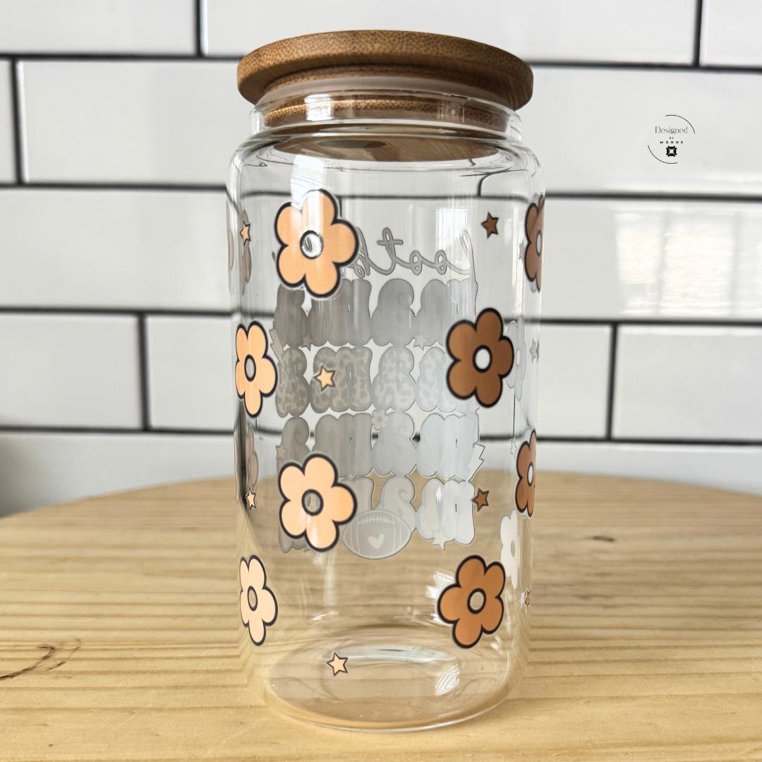 Game Day Sideline Essential Football Mama Tumbler Glass Bamboo Lid Leopard Print Sports Mom Drinkware Sixteen Ounce Cup Brown Pink Lettering Four Glass Straw Included Perfect Mothers Day Gift Team Spirit Display Eco Friendly Reusable
