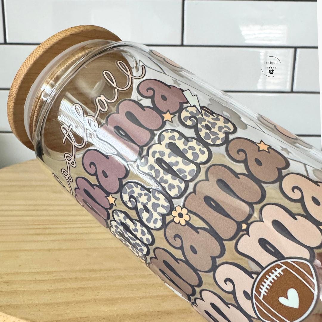 Trendy Leopard Print Football Mama Glass Tumbler Bamboo Lid Cup Sports Mom Drinkware Sixteen Ounce Capacity Brown Pink Design Four Glass Straw Included Mothers Day Gift Game Day Essential Sideline Beverage Container Eco Friendly Reusable