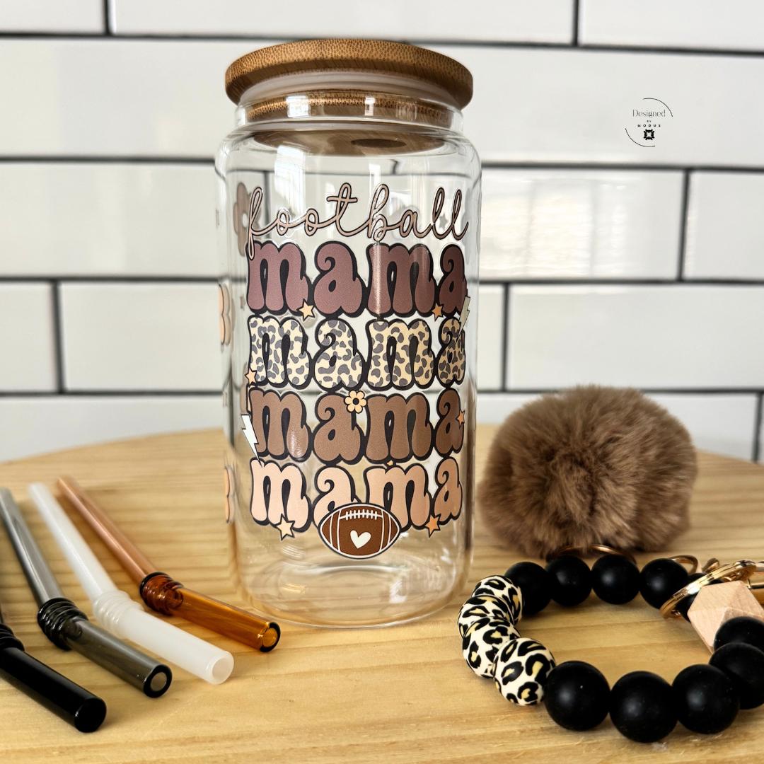 Sports Mom Gift Football Mama Tumbler Glass Bamboo Lid Leopard Print Drinkware Sixteen Ounce Cup Brown Pink Lettering Four Glass Straw Included Perfect Mothers Day Present Game Day Sideline Essential Team Spirit Display Eco Friendly Design