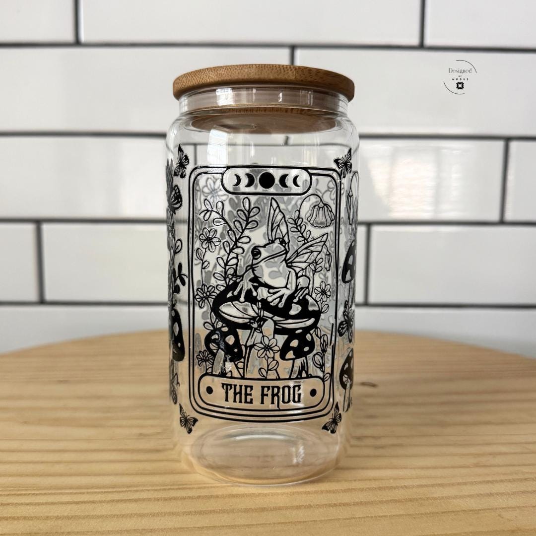 Teachers Appreciation Gift Nurse Recognition Tumbler Reusable Glass Container Bamboo Lid Eco Friendly Sustainable Drinkware Straw Included Accessories Wristlet Keychain Set Mystical Tarot Card Frog Design Moon Phase Artwork Mushroom